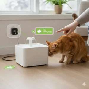 Illustration highlighting the safety plug and CSA-certified pump of a ceramic cat fountain for the Canadian market.
