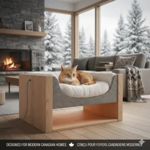 A stylish, modern heated cat bed that complements Canadian home decor and cabin interiors.
