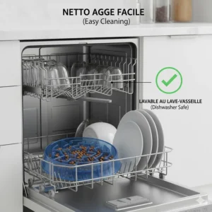 Illustration of a slow feed cat bowl being placed in a dishwasher, emphasizing easy maintenance for busy Canadian pet owners.