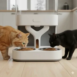 Close-up of a Y-shaped meal splitter on an automatic cat feeder for multiple cats to prevent food competition.