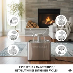 Simple step-by-step illustration for assembling and cleaning a large cat water fountain, featuring bilingual EN/FR icons.