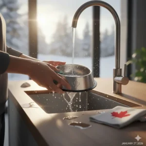 A person washing a high-quality cat dish, highlighting the importance of choosing easy-to-sanitize materials.