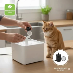 Illustration showing how to clean a dishwasher-safe ceramic cat fountain, featuring replaceable carbon filters.