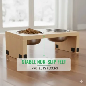 Close-up of removable stainless steel bowls from an elevated cat feeder stand for easy sanitization.