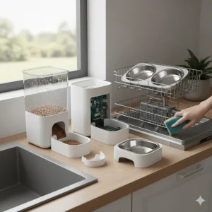 A breakdown of dishwasher-safe stainless steel bowls and components of a top-rated smart cat feeder for easy maintenance.