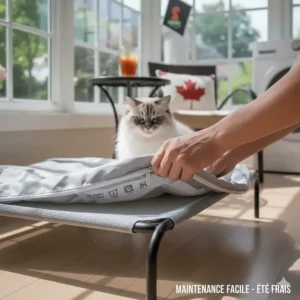 Illustration highlighting the machine-washable cover of a summer cooling cat bed for easy maintenance.