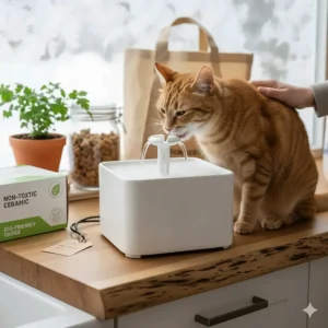 Sustainable non-toxic ceramic cat water fountain, a popular choice for eco-conscious Canadian pet owners.