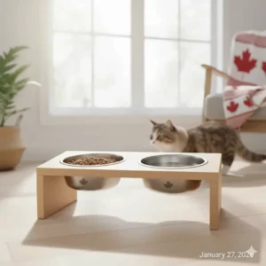 An ergonomic wooden elevated stand with metal inserts, showcasing the best cat bowl material setup for senior cats.