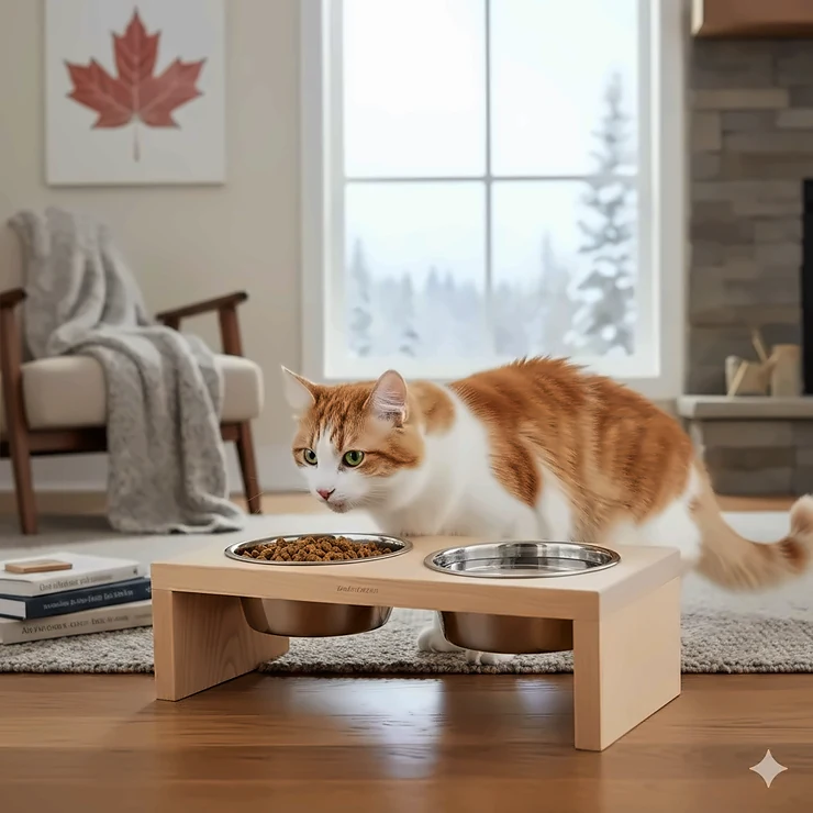 A modern elevated cat feeder stand in a Canadian living room with a domestic cat eating comfortably.