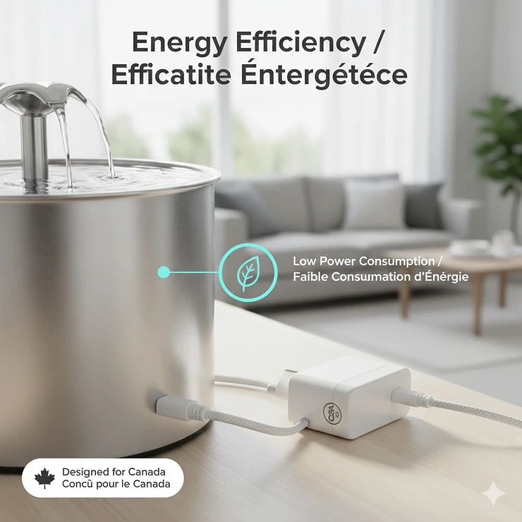 Illustration of an energy-efficient stainless steel cat fountain with a USB-compatible power cord and CSA-certified adapter.