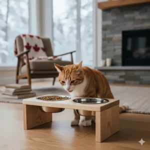 Illustration showing how an elevated cat feeder stand improves feline posture and reduces neck strain.