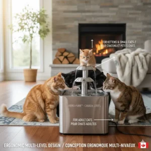 A multi-level cat fountain design showing different drinking heights suitable for kittens and large adult cats simultaneously.