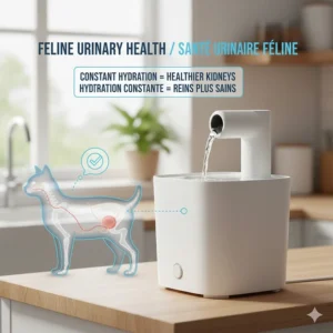 An infographic showing how constant hydration from a fountain leads to healthier kidneys and supports feline urinary health.