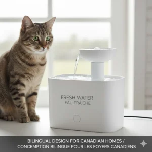 A stylized graphic of a cat water fountain with bilingual English and French "Fresh Water / Eau Fraiche" text.