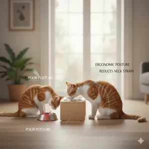 A diagram of a gamelle surélevée (elevated cat feeder) featuring a Canadian-made maple wood design.