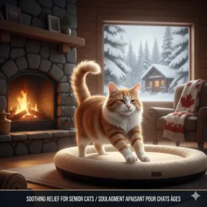Illustration showing how heated cat beds provide soothing warmth for senior cats with arthritis during cold Canadian winters.