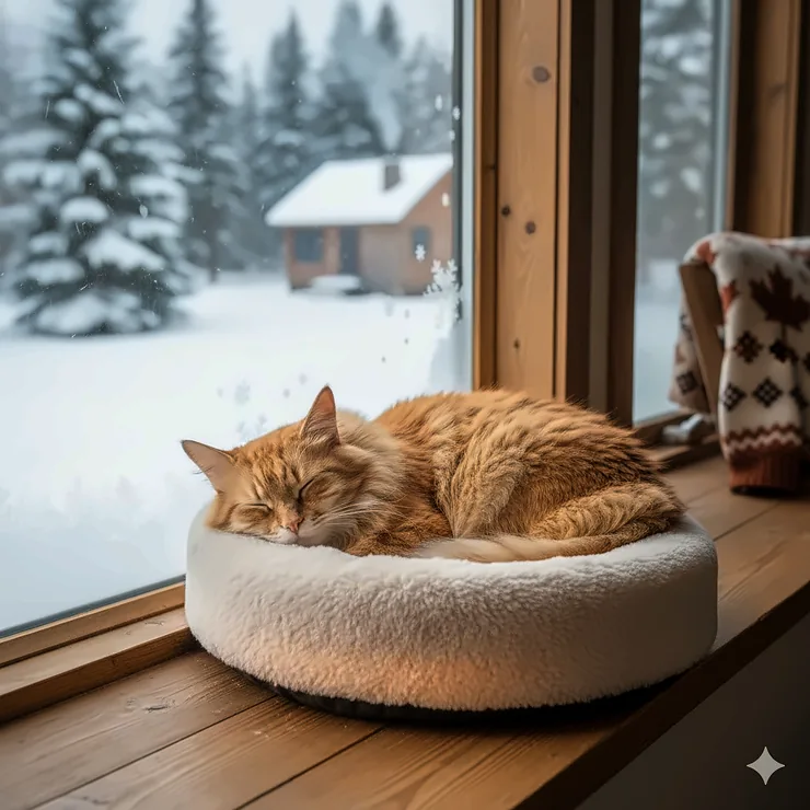 A cozy cat sleeping in a premium heated cat bed indoors while it snows outside in Canada.