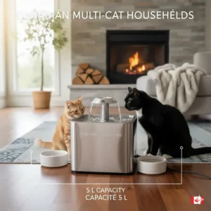 Illustration showing the 5-liter capacity of a large cat water fountain compared to standard bowls for Canadian multi-cat households.