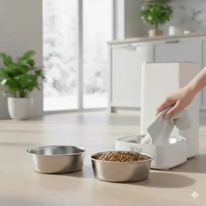 Removable stainless steel bowls for an automatic cat feeder for multiple cats, dishwasher safe and BPA-free.