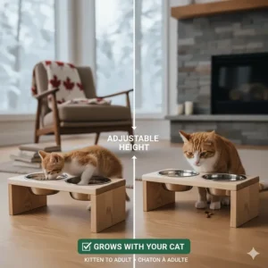 Cozy indoor scene featuring a cat using a stylish elevated feeder during a Canadian winter.