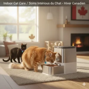 An indoor cat enjoying fresh food from a microchip-controlled feeder during a Canadian winter.