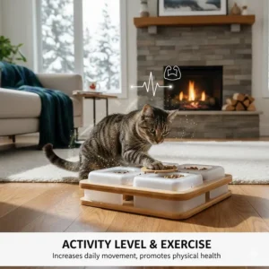 Active cat playing with a puzzle feeder toy to increase daily movement and physical health.