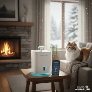 An illustration showing a cat staying hydrated with a smart fountain during a dry Canadian winter.