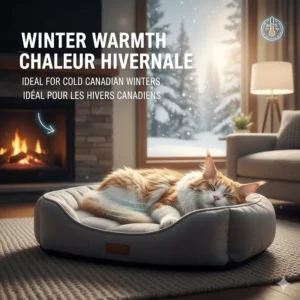 Illustration of a heated orthopedic cat bed for old cats, ideal for cold Canadian winters.