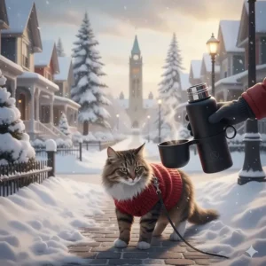 An insulated travel cat water bottle used during a winter walk with a cat in a snowy Ottawa neighborhood.