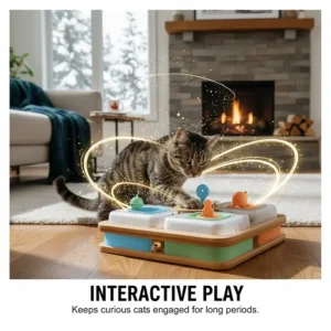 A colourful interactive cat puzzle feeder toy designed to keep curious cats engaged for long periods.