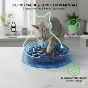 An illustration of a cat using a puzzle-style slow feed cat bowl for mental enrichment and active feeding.