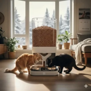Large 6L hopper of an automatic cat feeder for multiple cats, ideal for long Canadian winter weekends.