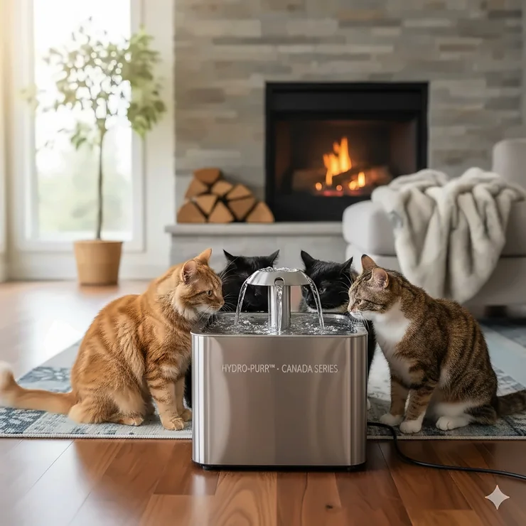 A group of three domestic cats drinking from a large stainless steel cat water fountain in a modern Canadian living room. large cat water fountain multiple cats