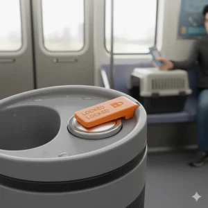 Close-up illustration of the leak-proof lock on a travel cat water bottle designed for long Canadian transit commutes.