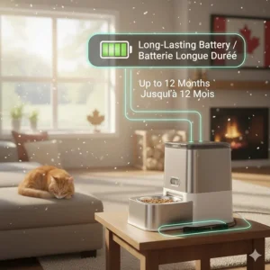 Iconography showing the long battery life of a microchip feeder, ideal for Canadian cottages or rural homes.