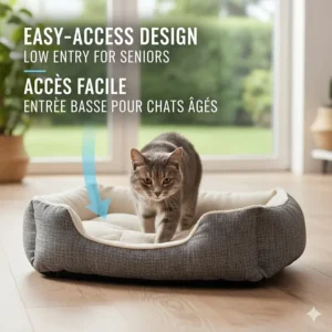 Illustration of a low-profile orthopedic cat bed allowing easy access for senior cats with mobility issues.