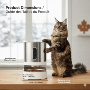 Size chart in centimeters for a Canadian microchip cat feeder, showing clearance for large breeds like Maine Coons.
