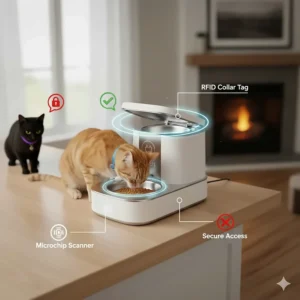 Illustration showing how a microchip activated cat feeder scans a pet's RFID collar tag to open the lid.