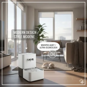 A sleek, whisper-quiet white water fountain in a modern Vancouver condo setting, emphasizing quiet operation and style.