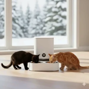 Illustration of a wifi automatic cat feeder with a two-way splitter and dual bowls, ideal for Canadian households with multiple pets.