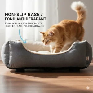 Illustration of the non-slip safety base on an orthopedic cat bed to prevent sliding on hardwood floors.