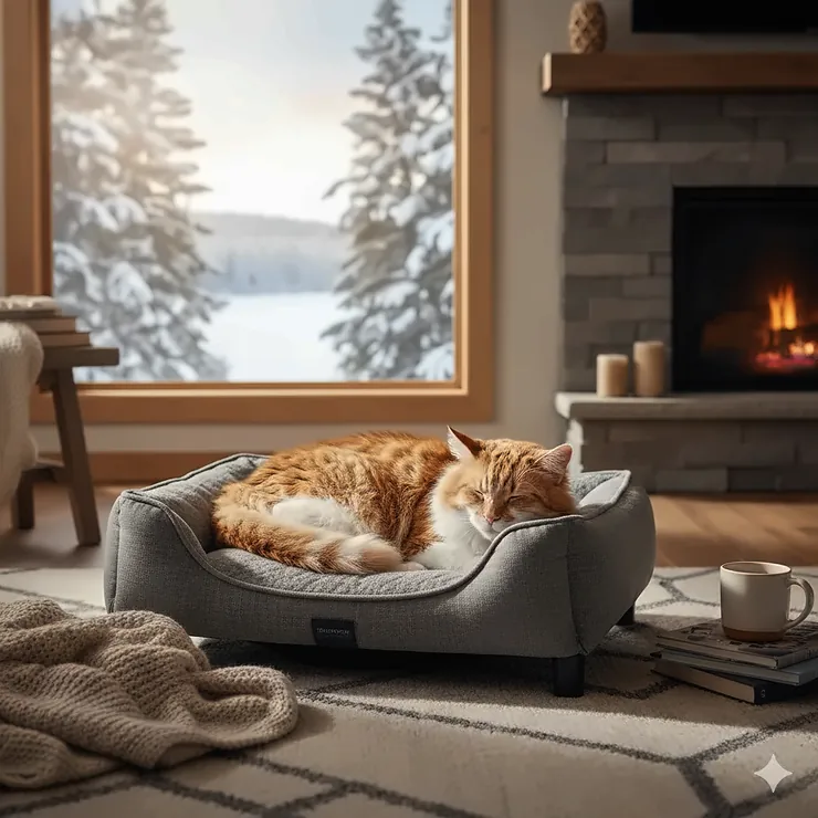 A senior tabby cat resting comfortably on a grey orthopedic cat bed for old cats in a cozy Canadian living room.