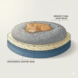 Diagram showing the high-density orthopedic foam layers of a calming cat bed for anxiety and joint relief.