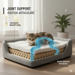 Diagram showing how orthopedic memory foam supports a senior cat's joints and relieves pressure.
