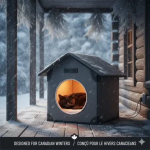 Weather-resistant heated cat bed designed for outdoor shelters and garages in freezing temperatures.