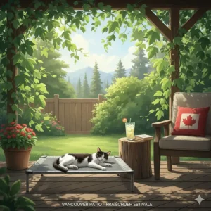 Illustration of a cat lounging on a cooling mat on a shaded patio deck during a Vancouver summer day.