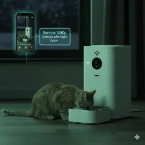 Digital drawing of a smart feeder with a 1080p camera and night vision, allowing owners to check on their cats via wifi from anywhere in Canada.