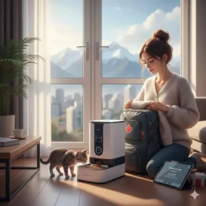 A cat owner in Vancouver packing for a weekend trip while setting up an automatic feeder for their pet.