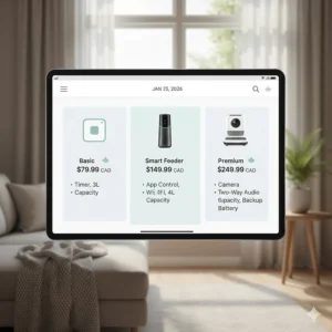 A clean infographic comparing costs of different automatic pet feeders in Canadian Dollars (CAD).
