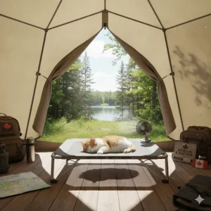 Illustration of a portable cooling cat bed being used inside a tent for a Canadian summer camping trip.